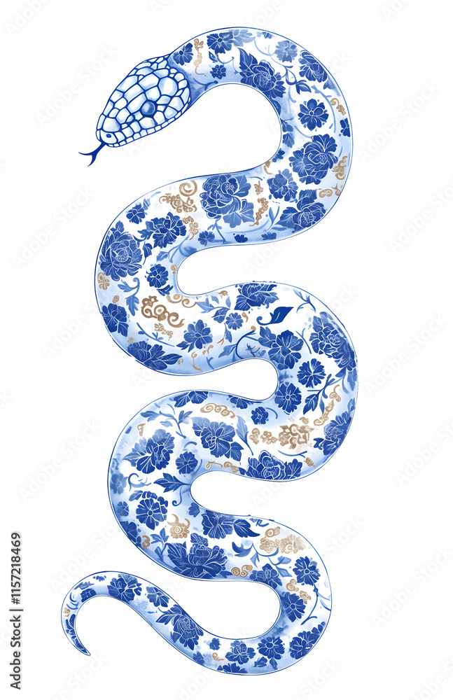 Fototapeta premium Chinese New Year 2025 Zodiac Snake. Blue and white porcelain snake with floral pattern skin in style of ancient Asian art. isolated illustration