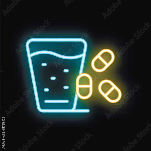 Neon medical icon depicting pills falling into a glass of water, representing the concept of taking medicine