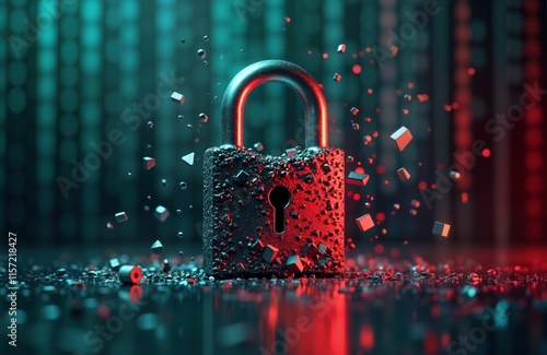 Cybersecurity breach concept. Shattered metal padlock surrounded by scattered binary code fragments. Digital risk, vulnerability in tech world. Cyberattack. Broken protection system. Modern tech