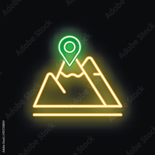 Neon sign depicting a green location pin above a yellow mountain range, representing reaching a goal or finding a place