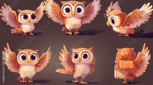 Cute cartoon owl character with large eyes and colorful feathers, showcasing various poses and expressions. photo