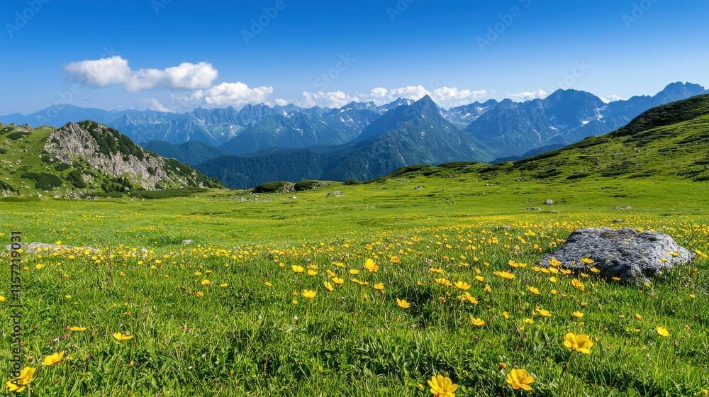 Fototapeta premium Majestic Alpine Meadow with Blooming Flowers and Snow Capped Mountains in Scenic Landscape