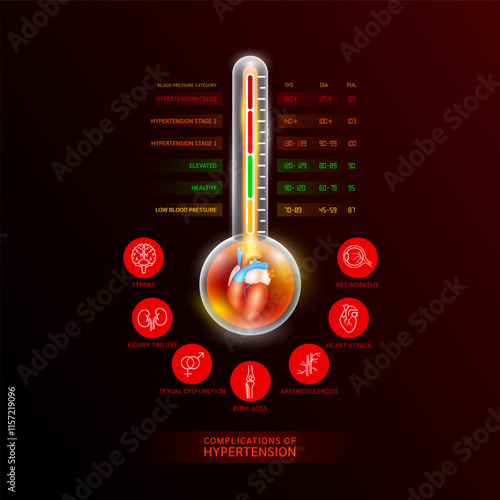 Heart human in thermometer or Sphygmomanometer. Blood pressure ranges. Complications of hypertension. Stroke, Retinopathy, Heart attack, Arteriosclerosis, Kidney failure. Medical check up. Vector.