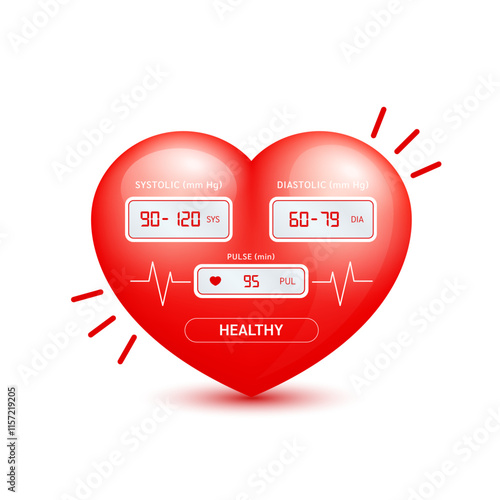 Sphygmomanometer in red heart and check up pulse. Normal blood pressure is 90-120, 60-80 millimeters of mercury. Medical health care. Vector EPS10.