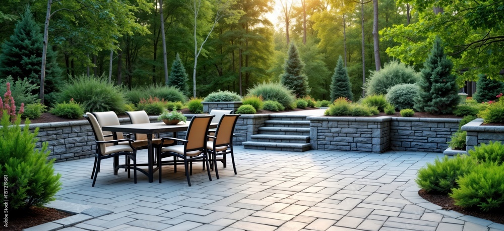 Obraz premium Landscaped patio with retaining wall, pavers. Outdoor dining area with table, chairs. Well-maintained landscaping. Formal design with stone steps. Picturesque patio setting for relaxing dining