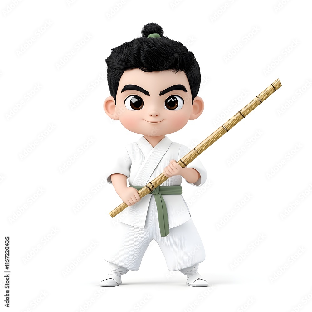 Cute Cartoon Character in Martial Arts Uniform Holding a Bamboo Stick Cute Cartoon Character in Martial Arts Uniform Holding a Bamboo Stick