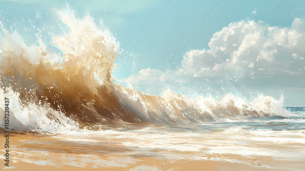 Fototapeta premium Powerful waves crashing sandy coastal seascape painting ocean waves movement water splashes, beach, coastline, shoreline, seashore, sands, seaboard, foreshore. Spindrift. Illustration