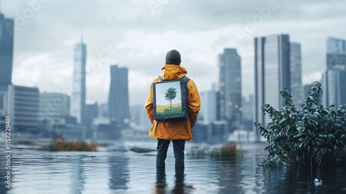 A young man in a yellow raincoat stands in floodwaters, gazing at skyscrapers with a painted tree on his backpack. photo