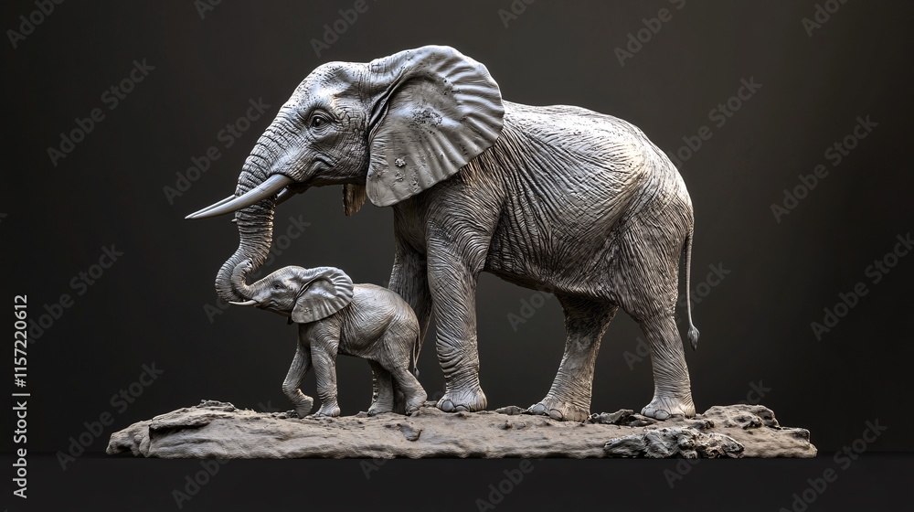 Fototapeta premium A majestic adult elephant and its playful calf in a stunning sculpture, showcasing intricate details and textures.