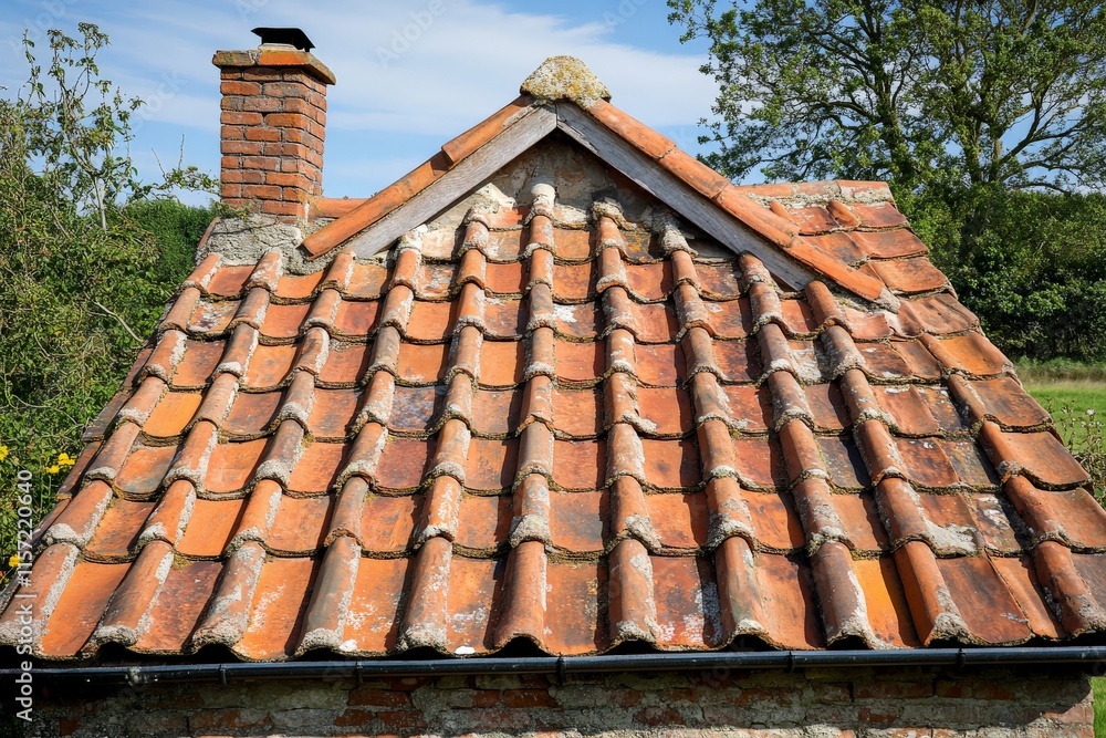 Naklejka premium Featuring a traditional rooftop adorned with a prominent chimney and red clay tiles, this image captures the essence of classic architecture in a countryside setting.
