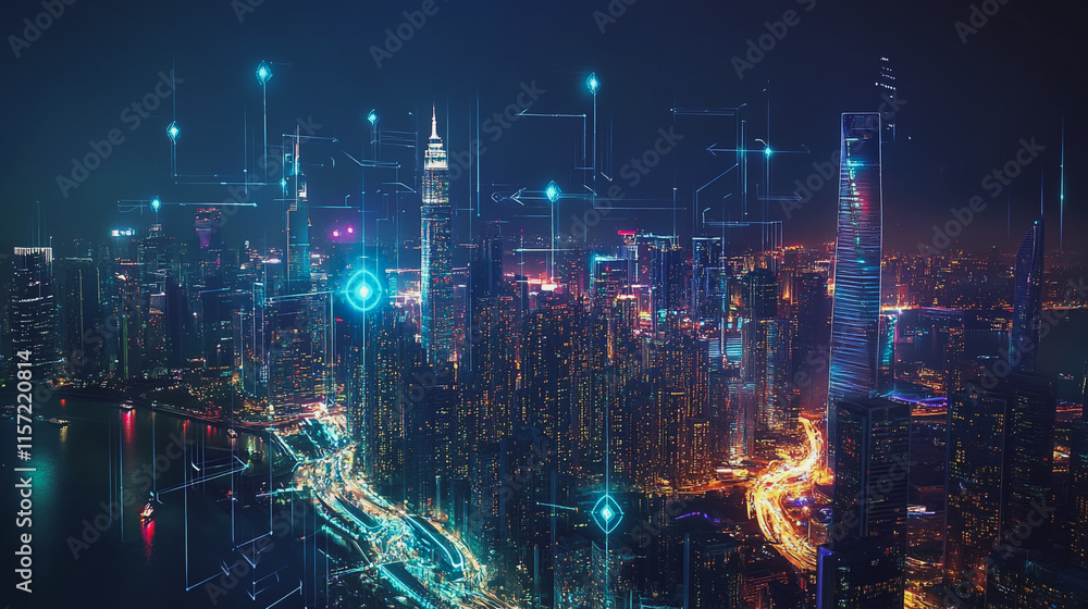 Obraz premium Smart digital Innovation city with connection network reciprocity over the cityscape. of future smart wireless digital city and social media networking systems that connects people with in city