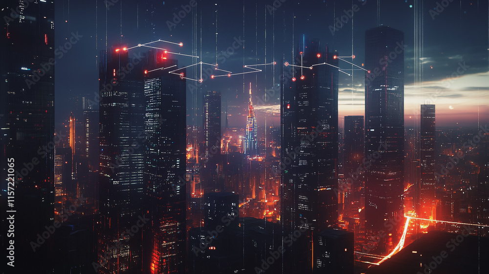 Fototapeta premium Smart digital Innovation city with connection network reciprocity over the cityscape. of future smart wireless digital city and social media networking systems that connects people with in city