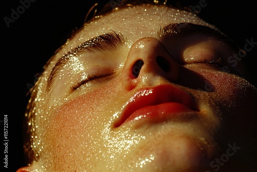 A hyper-realistic close-up of a human face, showing detailed pores, eyelashes, and natural imperfections illuminated by soft light