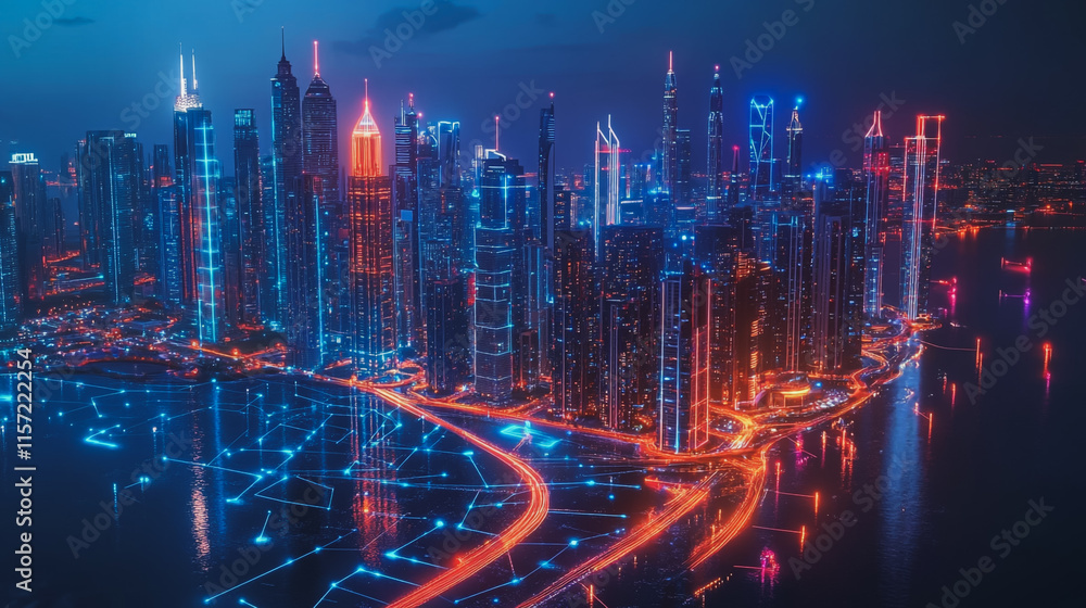 Fototapeta premium Smart digital Innovation city with connection network reciprocity over the cityscape. of future smart wireless digital city and social media networking systems that connects people with in city