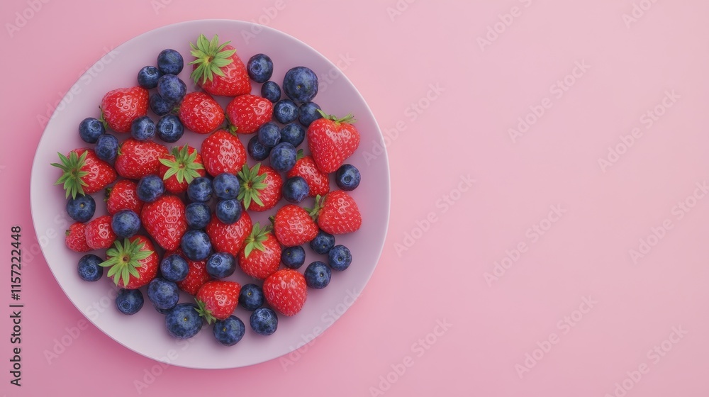 Fresh Strawberries and Blueberries on a Plate Against Pink Background Fresh Strawberries and Blueberries on a Plate Against Pink Background