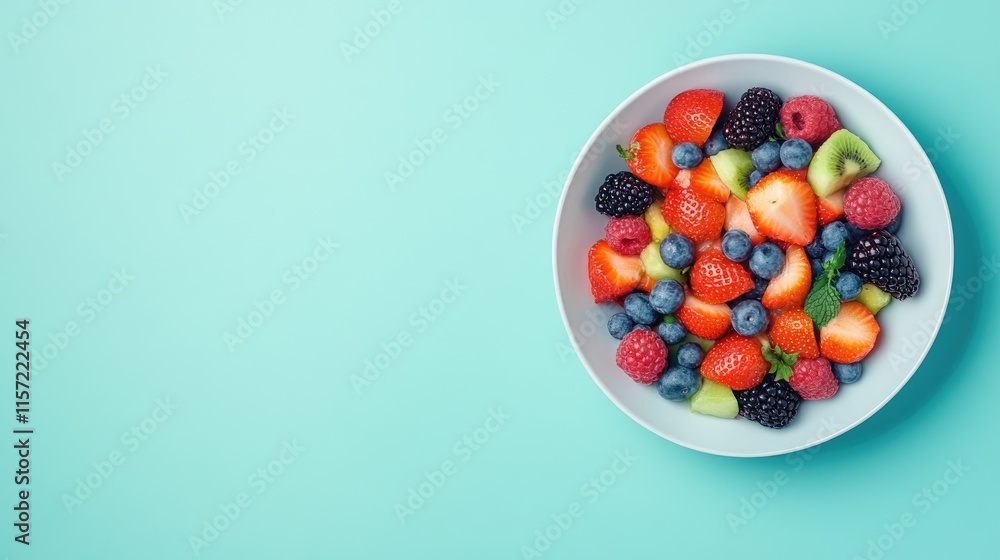 Fresh and Colorful Fruit Salad with Berries and Melon on Blue Surface Fresh and Colorful Fruit Salad with Berries and Melon on Blue Surface