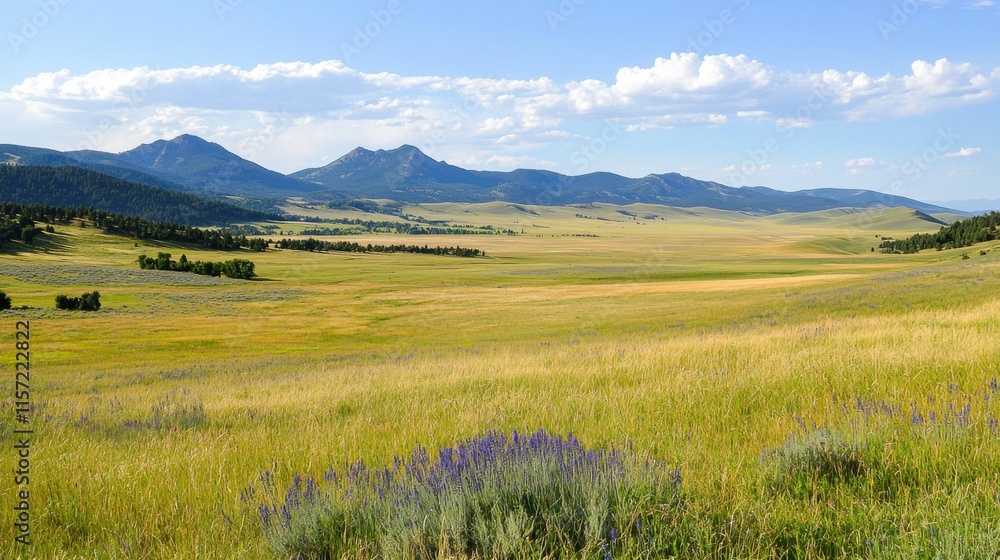 Fototapeta premium Scenic Landscape of Lush Green Meadow with Purple Wildflowers and Majestic Mountains in the Distance