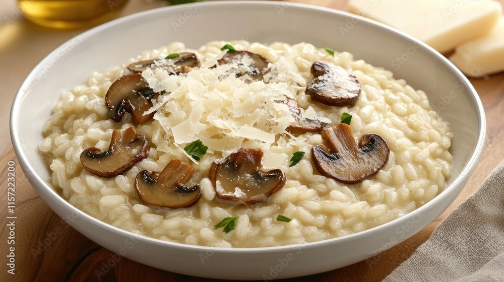 Creamy Mushroom Risotto with Shaved Parmesan Cheese and Herbs Creamy Mushroom Risotto with Shaved Parmesan Cheese and Herbs