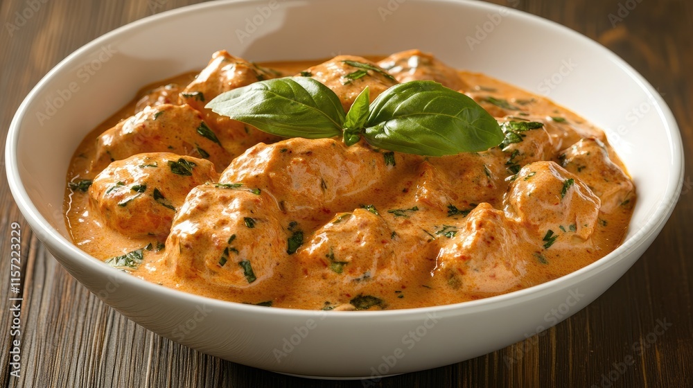 Creamy Tomato Basil Sauce with Soft Dumplings in White Bowl Creamy Tomato Basil Sauce with Soft Dumplings in White Bowl