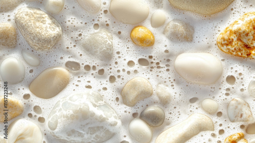 A calm background of sea pebbles partially covered with foam from a gentle ocean wave. A calm background of sea pebbles partially covered with foam from a gentle ocean wave.