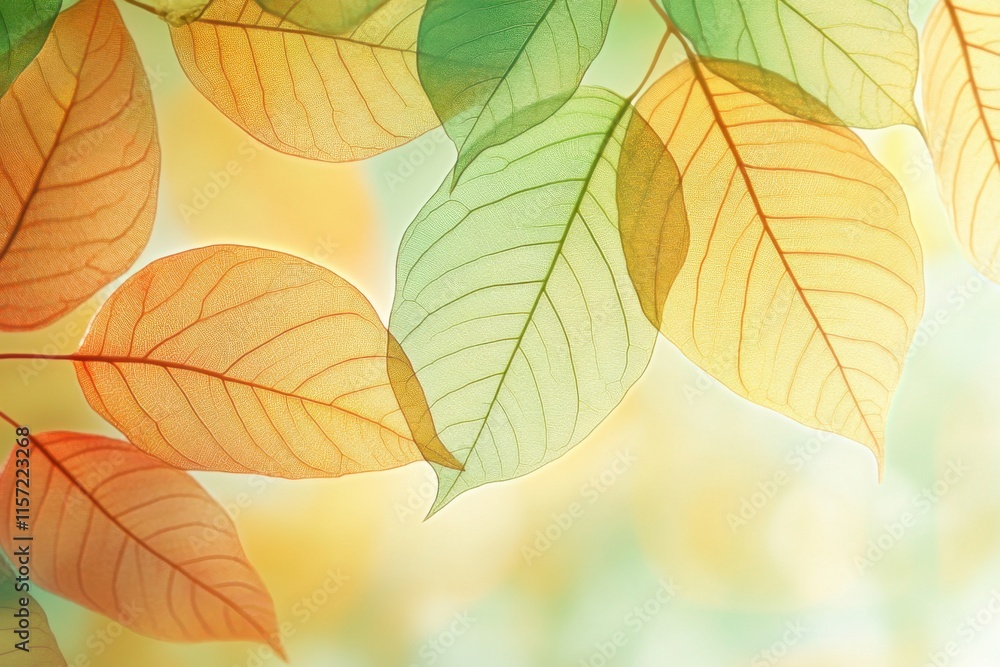 Closeup macro autumn leaves, transparent on light, green Closeup macro autumn leaves, transparent on light, green