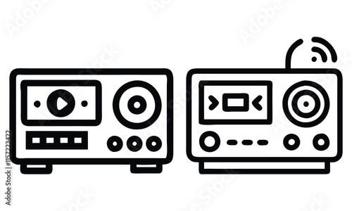 Audio Player and Stereo System Icons, Vector illustration of two audio player and stereo system icons in clean line art style, featuring playback controls and wireless signals.
