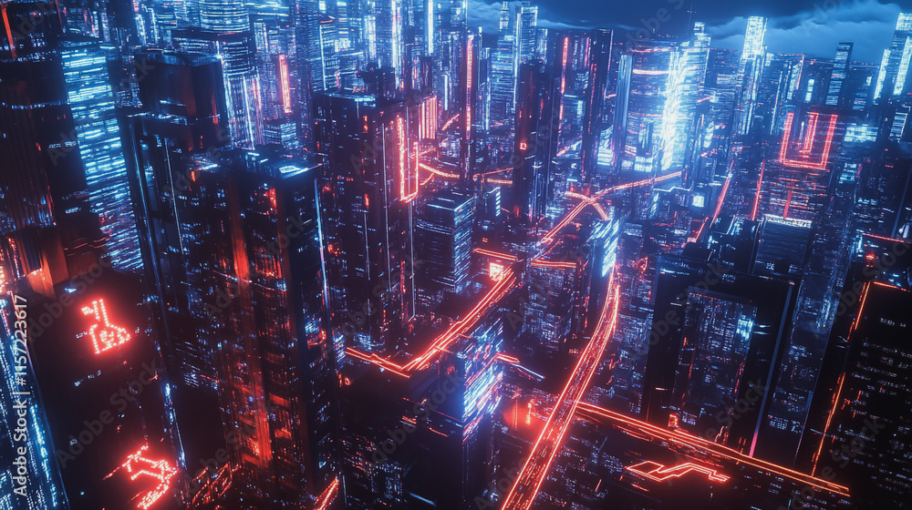 Fototapeta premium Smart digital Innovation city with connection network reciprocity over the cityscape. of future smart wireless digital city and social media networking systems that connects people with in city