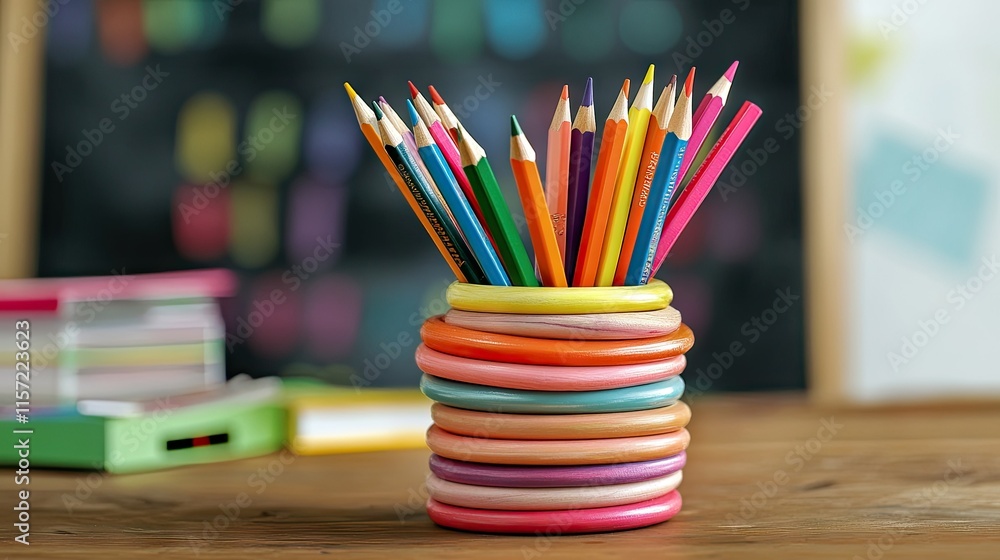 A cheerful classroom desk setup featuring a pencil vase with colorful pencils and a chalkboard in the background. A cheerful classroom desk setup featuring a pencil vase with colorful pencils and a chalkboard in the background.
