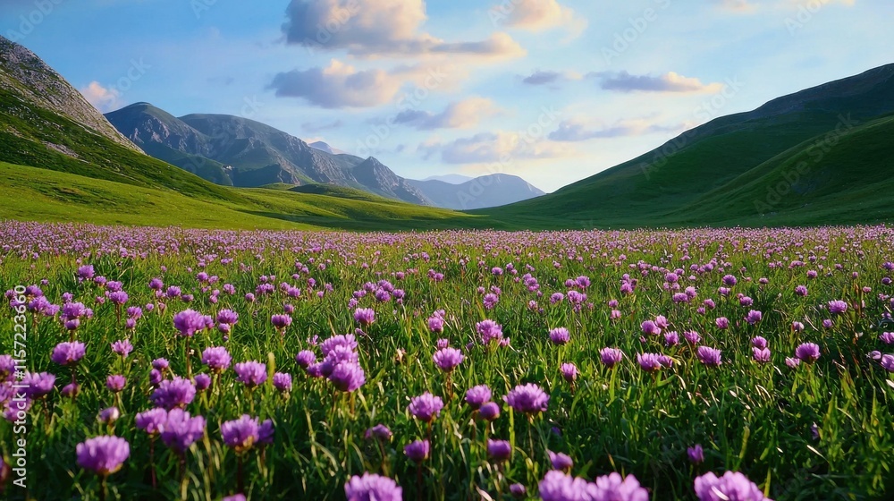 Fototapeta premium Breathtaking Alpine Meadow with Vibrant Wildflowers and Majestic Mountains in the Background