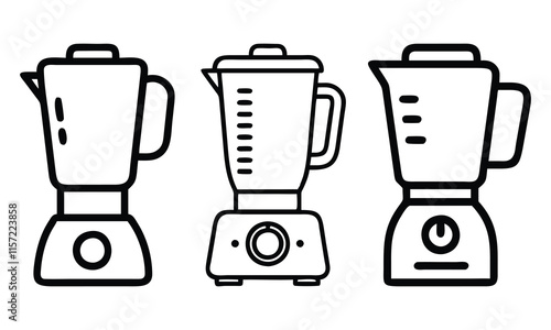 Blender Icons in Minimal Line Art, Vector illustration of three blender icons in a clean line art style, showcasing modern kitchen appliances for food preparation.
