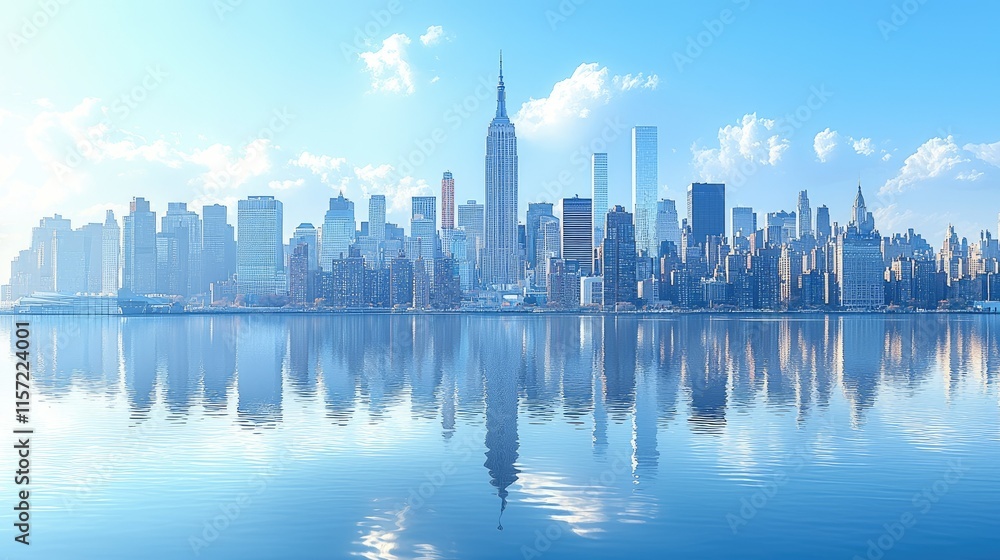 Obraz premium A panoramic view of a city skyline reflected in water, showcasing iconic buildings and blue skies.