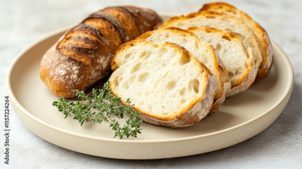 A rustic plate of freshly baked bread, including a whole loaf and sliced pieces, garnished with a sprig of thyme. A rustic plate of freshly baked bread, including a whole loaf and sliced pieces, garnished with a sprig of thyme.