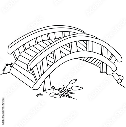 Cute cartoon hand drawn vector wooden bridge coloring page.