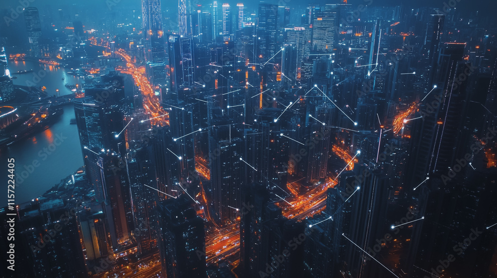Smart digital Innovation city with connection network reciprocity over the cityscape. of future smart wireless digital city and social media networking systems that connects people with in city Smart digital Innovation city with connection network reciprocity over the cityscape. of future smart wireless digital city and social media networking systems that connects people with in city