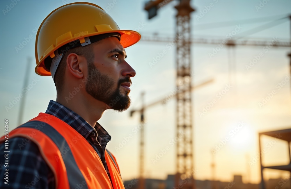 Construction worker thoughtfully observes construction site at sunset. Focused man wears safety helmet, vest. Seems confident, in charge of project. Strong image of pride, satisfaction in work. Construction worker thoughtfully observes construction site at sunset. Focused man wears safety helmet, vest. Seems confident, in charge of project. Strong image of pride, satisfaction in work.