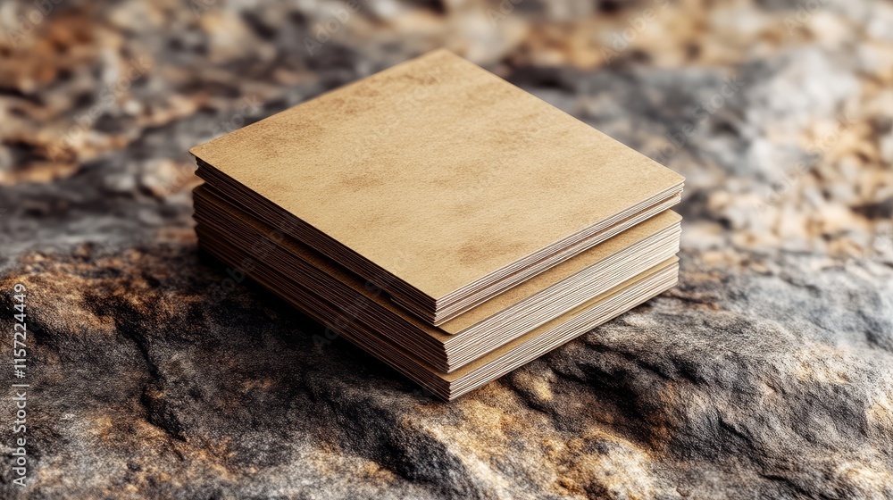 Obraz premium A textured stack of square, brown, cardboard-like sheets rests on a rocky surface, showcasing a natural and rustic aesthetic.