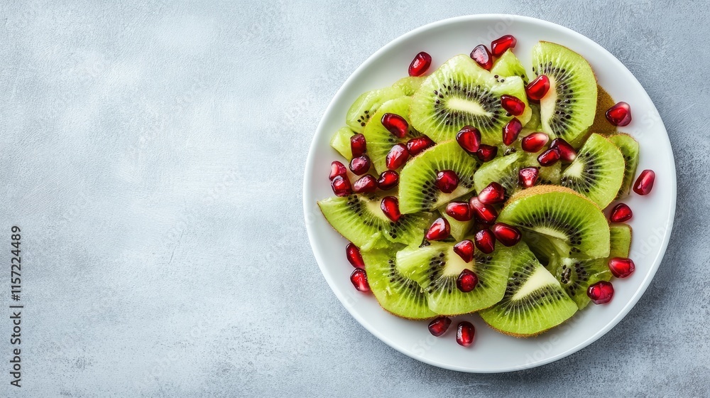 Fresh Kiwi Slices with Vibrant Pomegranate Seeds on White Plate Fresh Kiwi Slices with Vibrant Pomegranate Seeds on White Plate