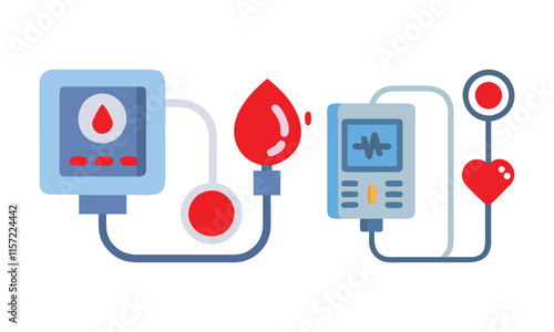 Colorful Medical Devices for Heart and Blood, Vector illustration of colorful medical devices, including blood pressure monitors, heartbeat trackers, and blood droplet symbols, in modern design.
