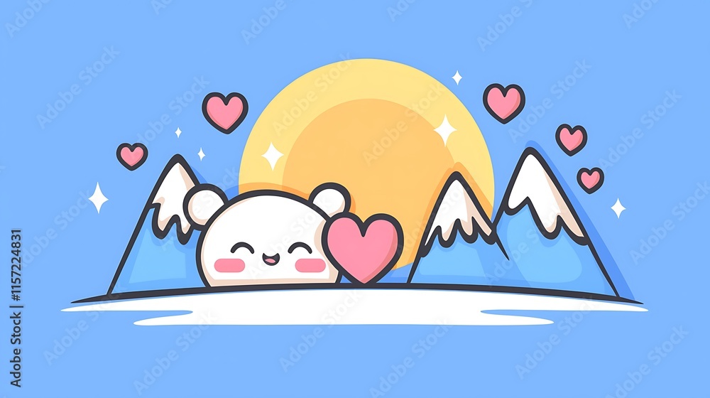 Naklejka premium Cute polar bear holding heart, mountains, sunset.