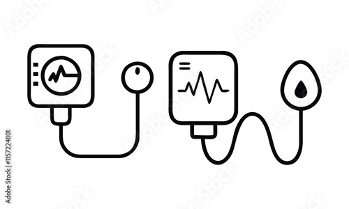 Heartbeat and Blood Pressure Monitor Icons, Minimal vector illustration of heartbeat and blood pressure monitors in clean line art style, featuring medical diagnostic tools.
