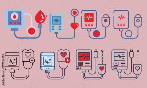 Medical Monitor and Heartbeat Icon Set, Vector illustration of medical monitors, heartbeat graphs, and blood pressure devices in colorful and line art styles on a pink background.
