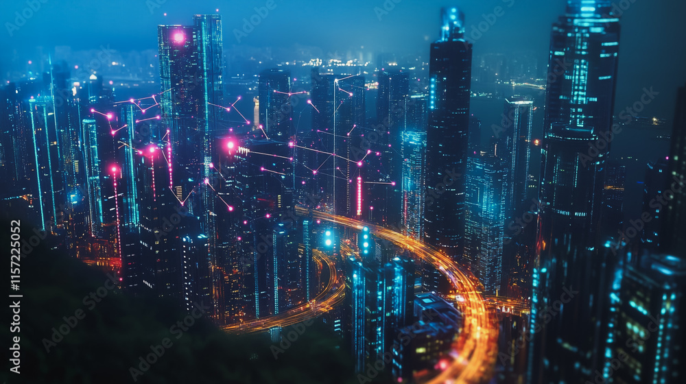Fototapeta premium Smart digital Innovation city with connection network reciprocity over the cityscape. of future smart wireless digital city and social media networking systems that connects people with in city