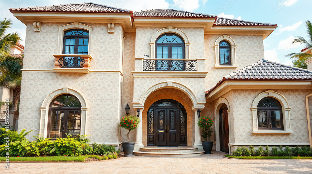 Two-Story Beige Stucco House with Arched Windows and Double Doors Two-Story Beige Stucco House with Arched Windows and Double Doors