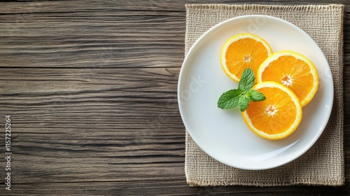 Fresh Orange Slices on White Plate with Mint Leaf on Wooden Table