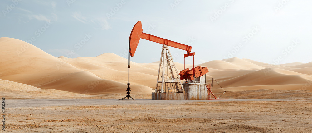 Fototapeta premium Isolated oil rig surrounded by sand dunes and desert with Oil industry in the Arab world concept