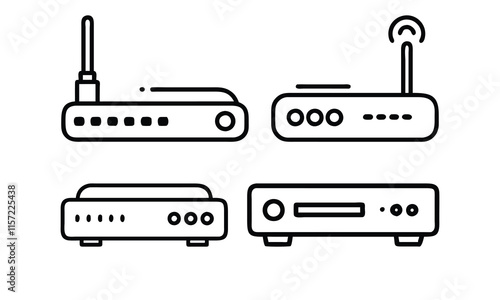 Router and Modem Icon Set Illustration, Vector illustration of four minimal router and modem icons, featuring wireless antennas and ports, designed in a simple line style.
