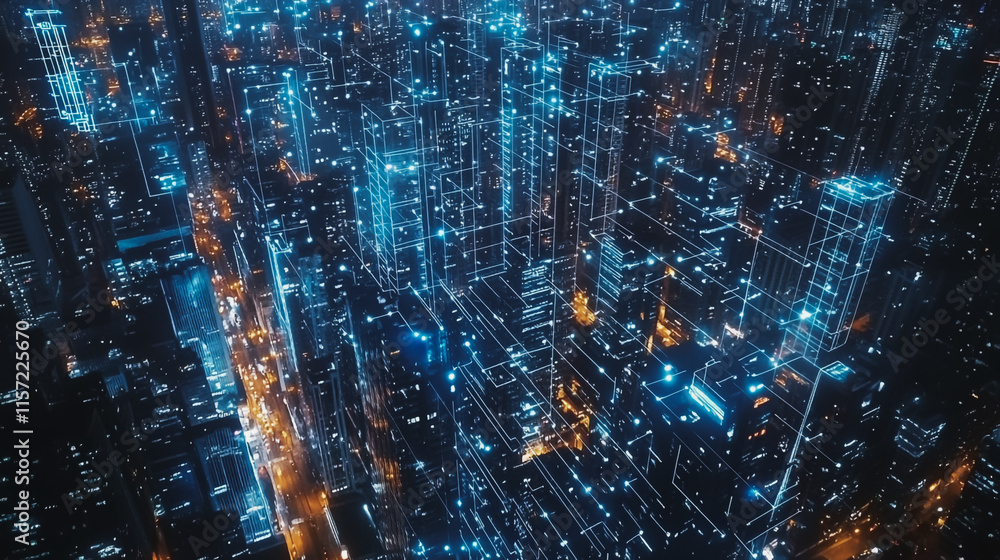 Fototapeta premium Smart digital Innovation city with connection network reciprocity over the cityscape. of future smart wireless digital city and social media networking systems that connects people with in city