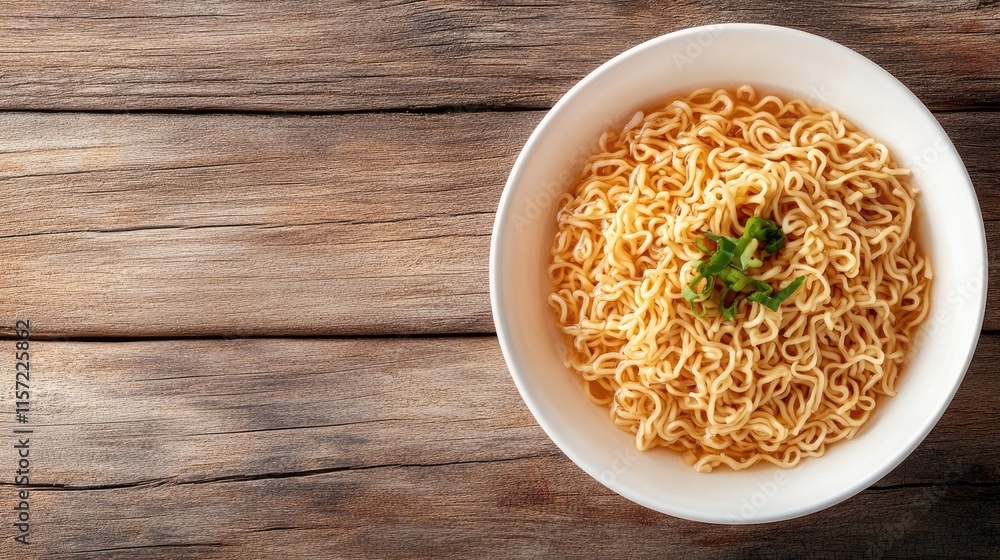 Delicious Instant Noodles in Bowl on Rustic Wooden Table Surface Delicious Instant Noodles in Bowl on Rustic Wooden Table Surface