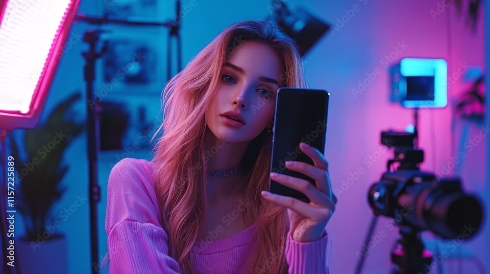 A young Caucasian woman with long, wavy hair takes a selfie in a vibrant, creatively lit room. A young Caucasian woman with long, wavy hair takes a selfie in a vibrant, creatively lit room.