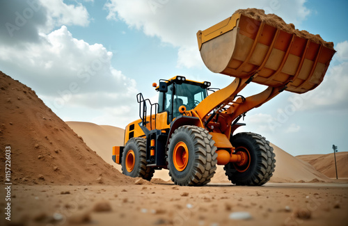 Powerful yellow wheel loader works at quarry site. Full bucket of sand loaded by machine. Heavy equipment performs earthworks in sandpit. Modern construction machinery active. Excavation work in photo